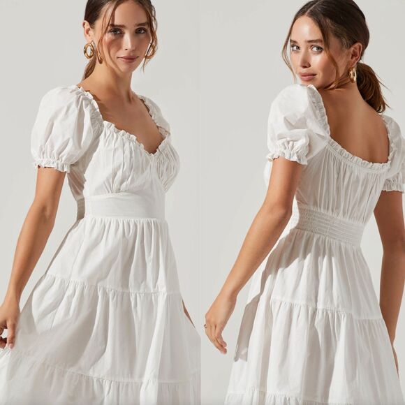 ASTR The Label Short Sleeve Cinched Bust Midi Dress White Sz XS 100% Cotton - Picture 2 of 11